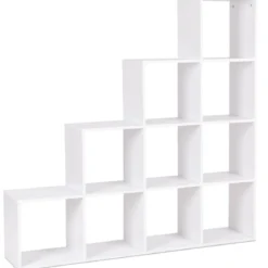 10 Fächer Weiß Holz Treppenregal Bücherregal