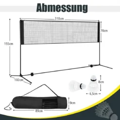 Federballnetz mit Ständer verstellbares Badminton-Netz für den Außenbereich Schwarz