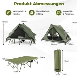 Feldbett mit Zelt für 2 Personen Campingbett mit Regenschutz & 2 Netztüren & Fenster & Rolltasche