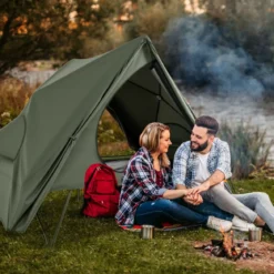 Feldbett mit Zelt für 2 Personen Campingbett mit Regenschutz & 2 Netztüren & Fenster & Rolltasche
