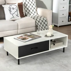 Fernsehschrank für TVs bis zu 50" mit Schublade & offenem Regal TV Schrank modern Weiß + Schwarz