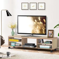 Fernsehschrank Holz mit 5 offenen Fächern TV Schrank mit Rädern Natur