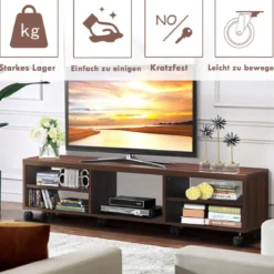 Fernsehschrank Holz mit 5 offenen Fächern TV Schrank mit Rädern Braun