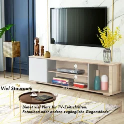 Fernsehschrank TV Lowboard mit Schrank und 3 offenen Fächern TV Schrank Landhausstil Natur