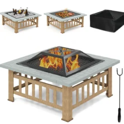 Feuerschale mit Grillrost & Funkenschutz & Schürhaken Feuerkorb Outdoor Feuerstelle Grau