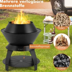 Feuerschale mit Topfhalter und Ablage Feuerstelle mit rauchfreier 50 x 58 cm Schwarz