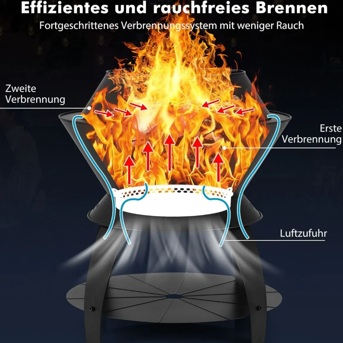 Feuerschale mit Topfhalter und Ablage Feuerstelle mit rauchfreier 50 x 58 cm Schwarz
