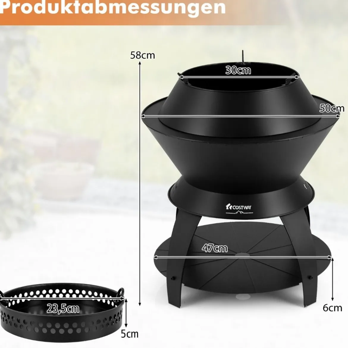 Feuerschale mit Topfhalter und Ablage Feuerstelle mit rauchfreier 50 x 58 cm Schwarz