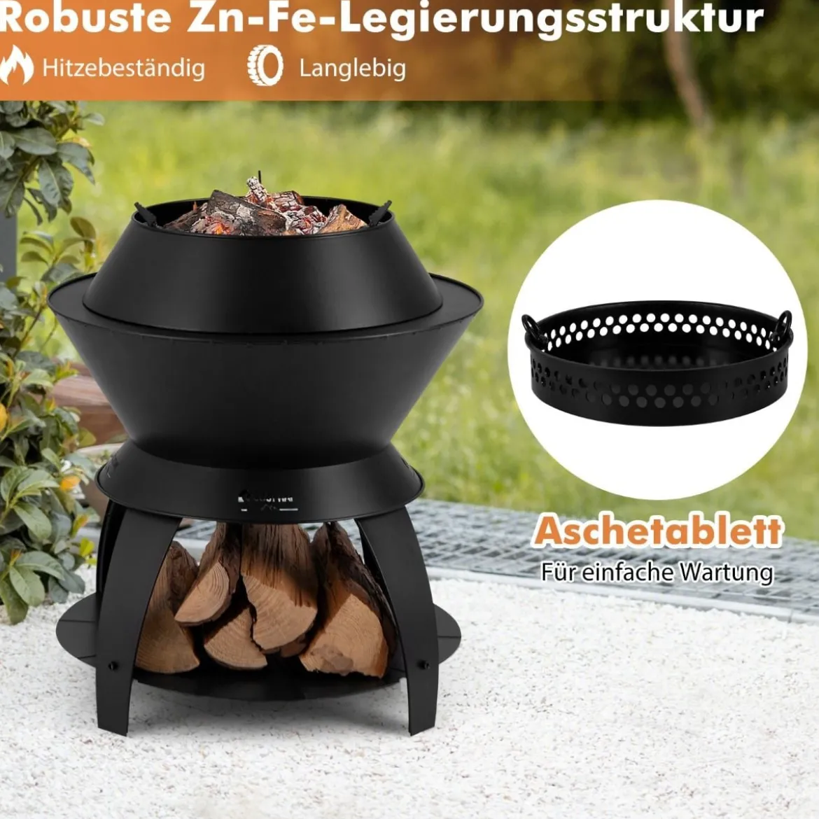 Feuerschale mit Topfhalter und Ablage Feuerstelle mit rauchfreier 50 x 58 cm Schwarz