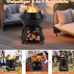 Feuerschale mit Topfhalter und Ablage Feuerstelle mit rauchfreier 50 x 58 cm Schwarz