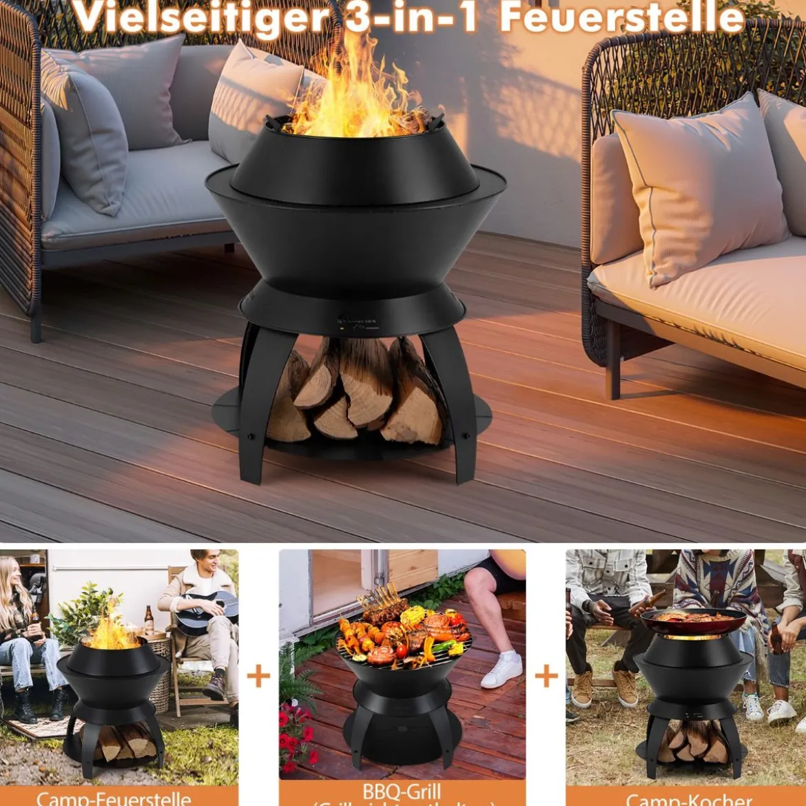 Feuerschale mit Topfhalter und Ablage Feuerstelle mit rauchfreier 50 x 58 cm Schwarz