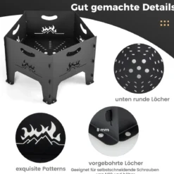 Feuerstelle mit Tasche Tragbares Lagerfeuer für Draußen Camping Holzbrennstelle Schwarz