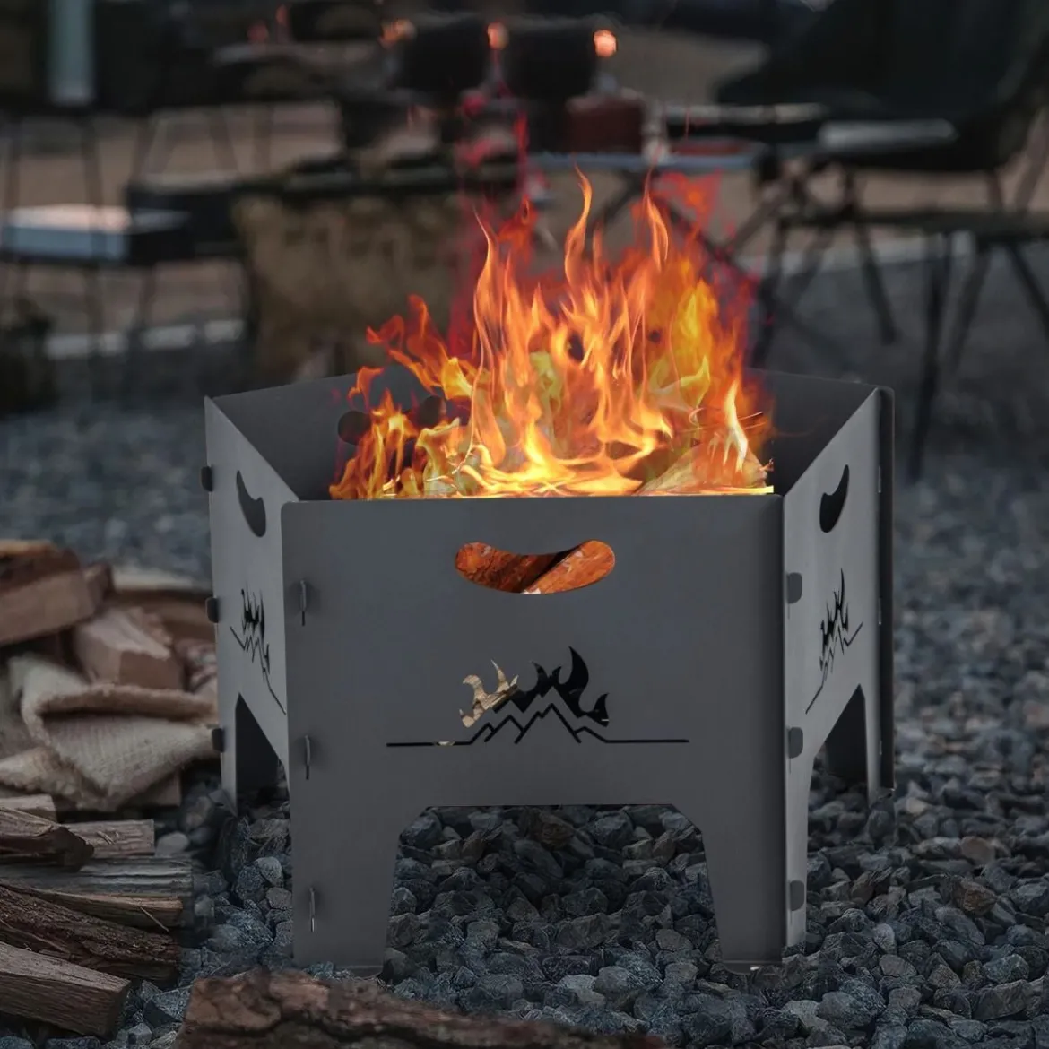 Feuerstelle mit Tasche Tragbares Lagerfeuer für Draußen Camping Holzbrennstelle Schwarz