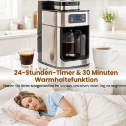 Filterkaffeemaschine mit Glaskanne 8 Tassen Kompakte Kaffeemaschine mit Mahl- und Brühfunktion