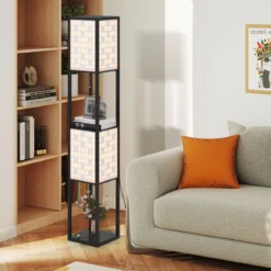 2-Flammige Stehleuchte mit 2 Regalen & Fußschalter Stehlampe Holzregal-Lampe