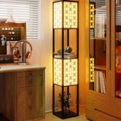 2-Flammige Stehleuchte mit 2 Regalen & Fußschalter Stehlampe Holzregal-Lampe