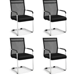 Freischwinger Stühle 4er Set stapelbare Schwingstühle mit Metallkufenbasis und Armlehne Bürostühle Schwarz