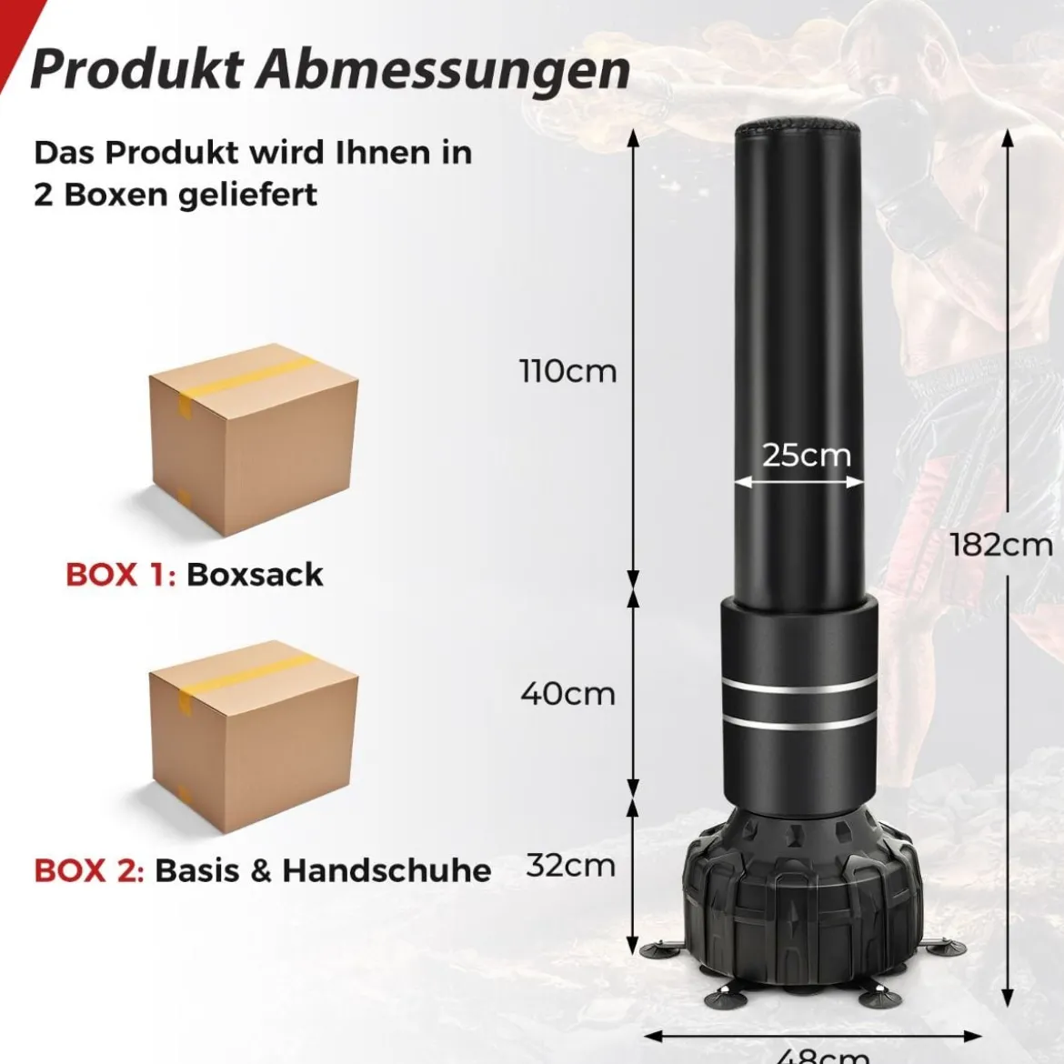 Freistehender Boxsack 182cm Standboxsack mit Boxhandschuhen & Saugfuß Schwarz