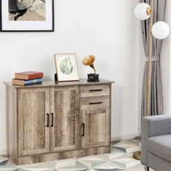 Freistehender Buffetschrank mit 2 Schubladen 3 Türen und 1 verstellbarem Regal Grau