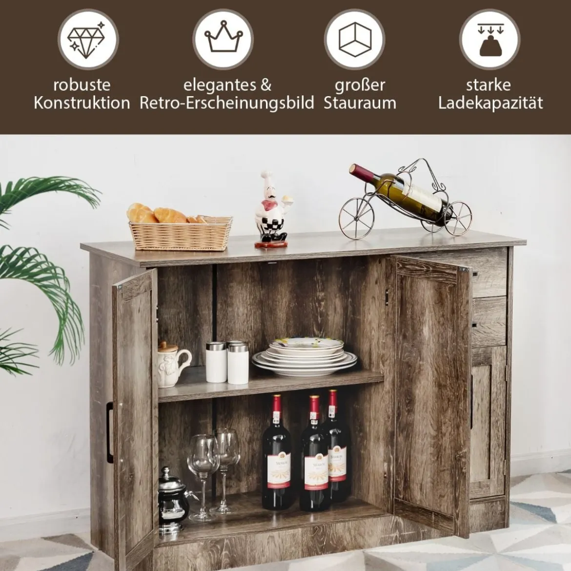 Freistehender Buffetschrank mit 2 Schubladen 3 Türen und 1 verstellbarem Regal Grau