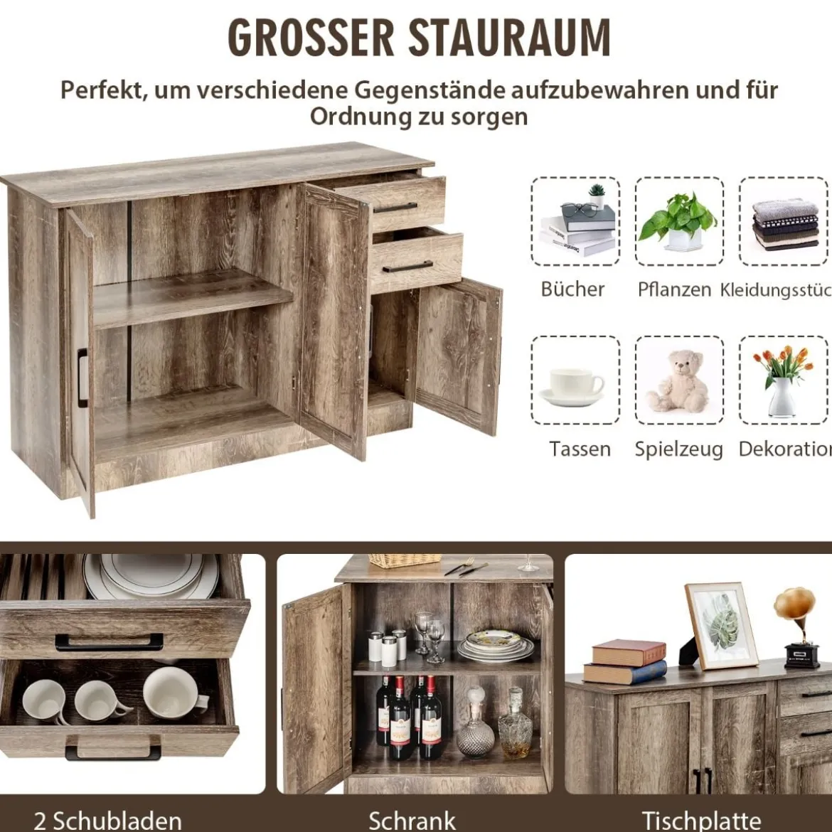 Freistehender Buffetschrank mit 2 Schubladen 3 Türen und 1 verstellbarem Regal Grau