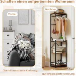 Freistehender Garderobenständer schlanker Hallbaum mit 4 Ablageflächen 6 Haken & 3 Kleiderstangen Braun