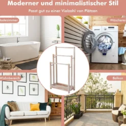 Freistehender Handtuchhalter aus Holz mit 3 Handtuchstangen & Unterer Ablage & Kippschutz