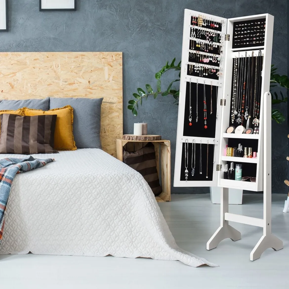Freistehender Schmuckschrank mit Spiegel verstellbarer Schmuckregal 35,5 × 33 x 153 cm Weiß