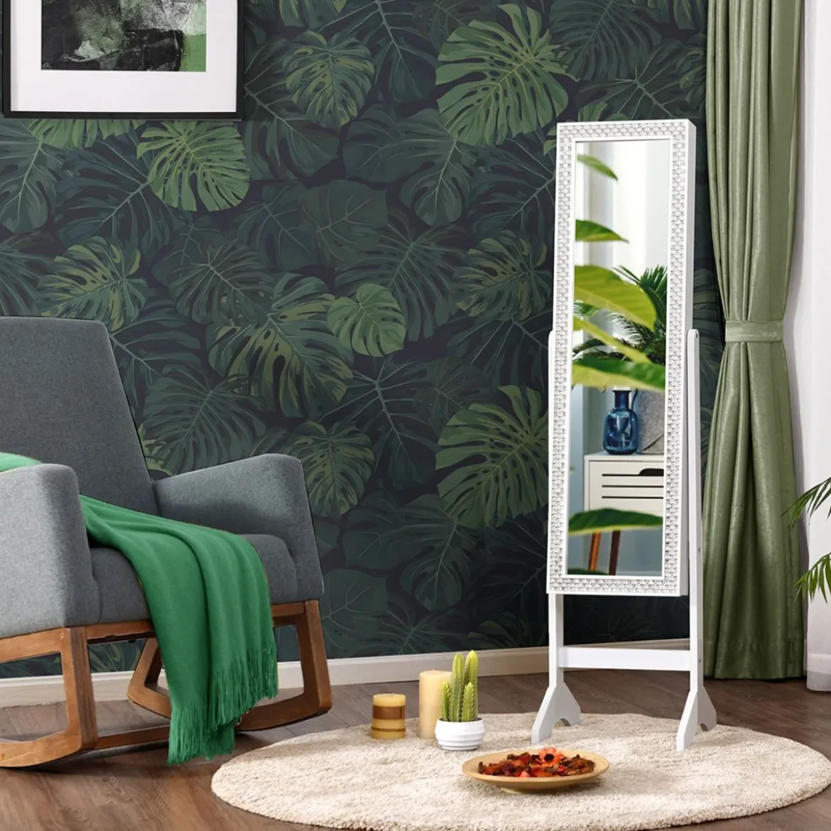 Freistehender Schmuckschrank mit Spiegel verstellbarer Schmuckregal 35,5 × 33 x 153 cm Weiß