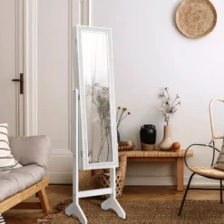 Freistehender Schmuckschrank mit Spiegel verstellbarer Schmuckregal 35,5 × 33 x 153 cm Weiß