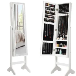 Freistehender Schmuckschrank mit Spiegel verstellbarer Schmuckregal 35,5 × 33 x 153 cm Weiß