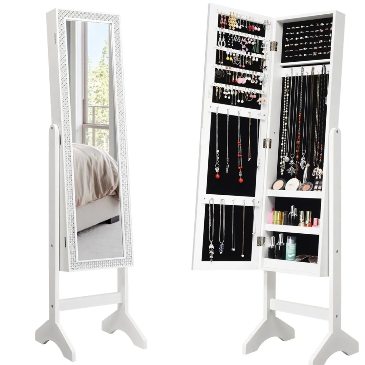 Freistehender Schmuckschrank mit Spiegel verstellbarer Schmuckregal 35,5 × 33 x 153 cm Weiß