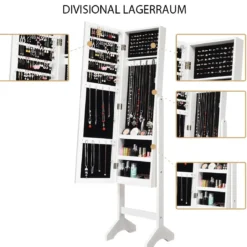 Freistehender Schmuckschrank mit Spiegel verstellbarer Schmuckregal 35,5 × 33 x 153 cm Weiß