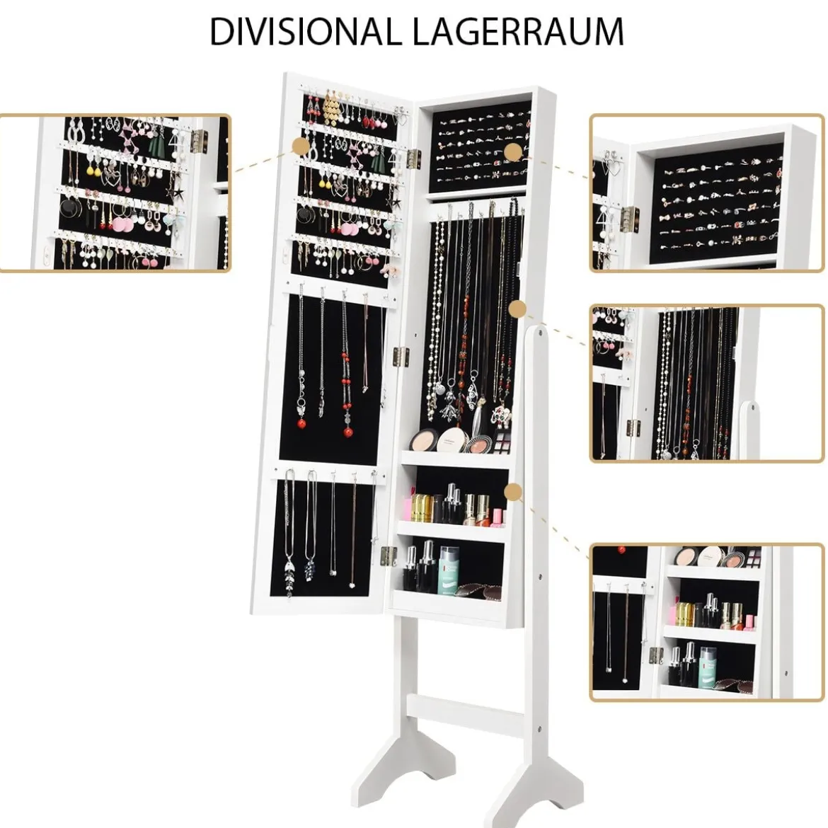 Freistehender Schmuckschrank mit Spiegel verstellbarer Schmuckregal 35,5 × 33 x 153 cm Weiß