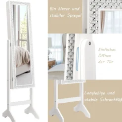 Freistehender Schmuckschrank mit Spiegel verstellbarer Schmuckregal 35,5 × 33 x 153 cm Weiß