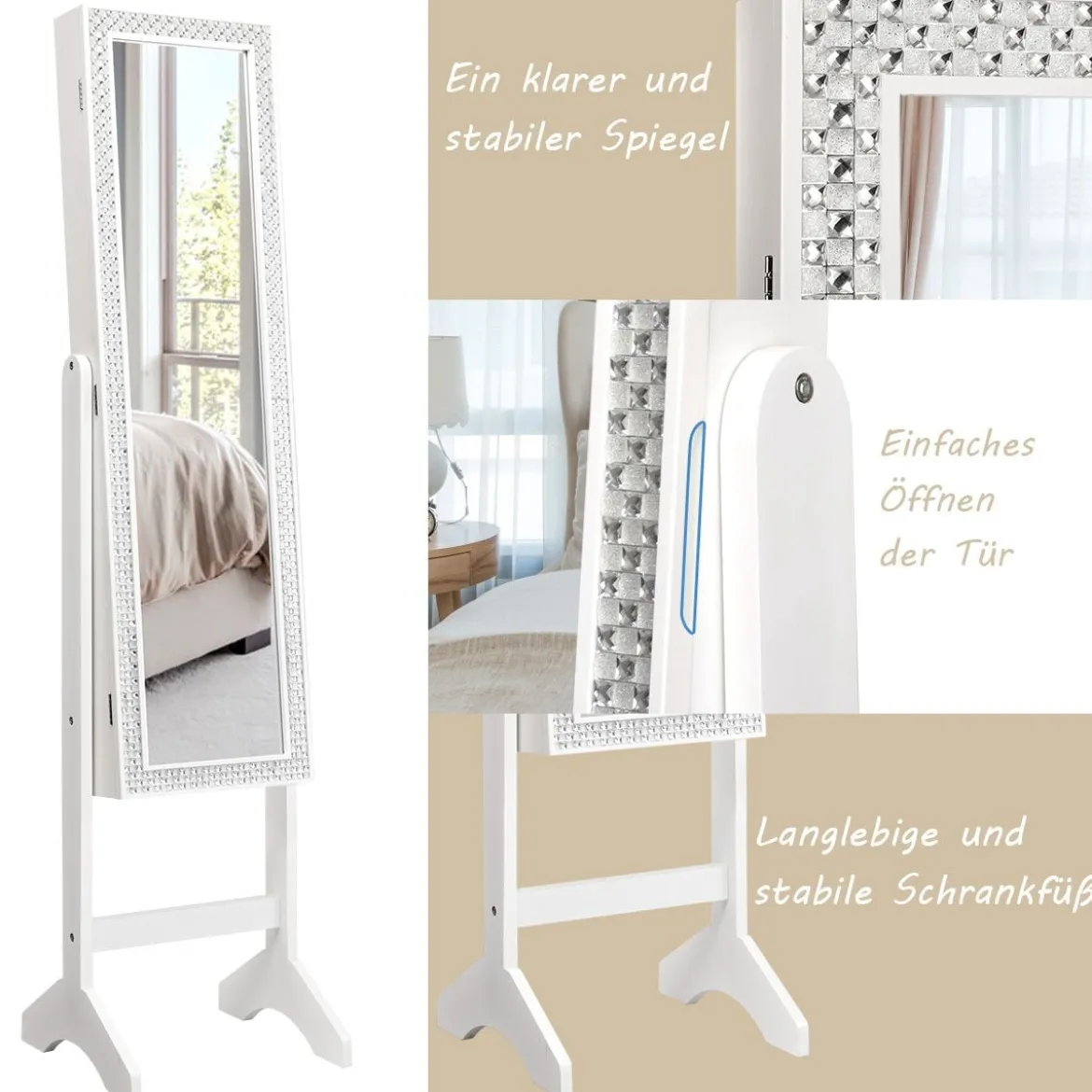 Freistehender Schmuckschrank mit Spiegel verstellbarer Schmuckregal 35,5 × 33 x 153 cm Weiß