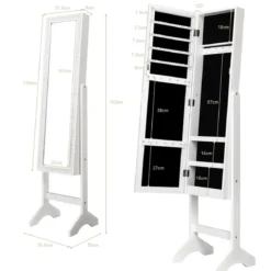 Freistehender Schmuckschrank mit Spiegel verstellbarer Schmuckregal 35,5 × 33 x 153 cm Weiß