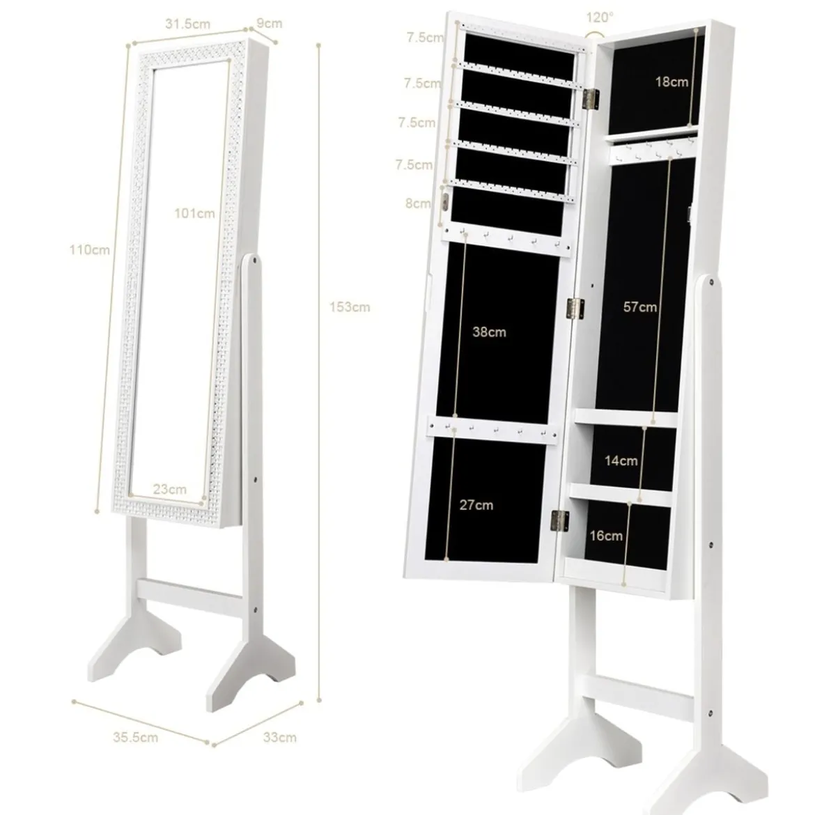 Freistehender Schmuckschrank mit Spiegel verstellbarer Schmuckregal 35,5 × 33 x 153 cm Weiß