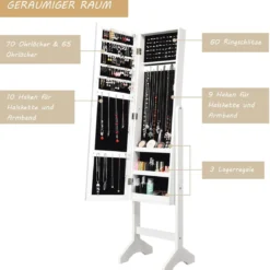 Freistehender Schmuckschrank mit Spiegel verstellbarer Schmuckregal 35,5 × 33 x 153 cm Weiß