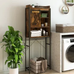 Freistehender Toilettenschrank Badezimmerregal mit verstellbaren Regalen Kaffee