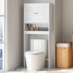 Freistehendes Toilettenregal mit Doppeltür & Verstellbarem Regalen Badezimmerregal Weiß