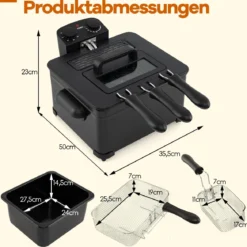 Fritteuse 1700W elektrische Friteuse 5L Frittiertopf mit 1 großen und 2 kleinen Körben Schwarz