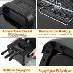 Fritteuse 1700W elektrische Friteuse 5L Frittiertopf mit 1 großen und 2 kleinen Körben Schwarz