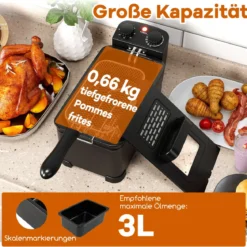 Fritteuse 2000 W Friteuse mit 3 L Öl Kapazität Fettfriteuse mit einstellbarem Thermostat 150-190℃ Schwarz