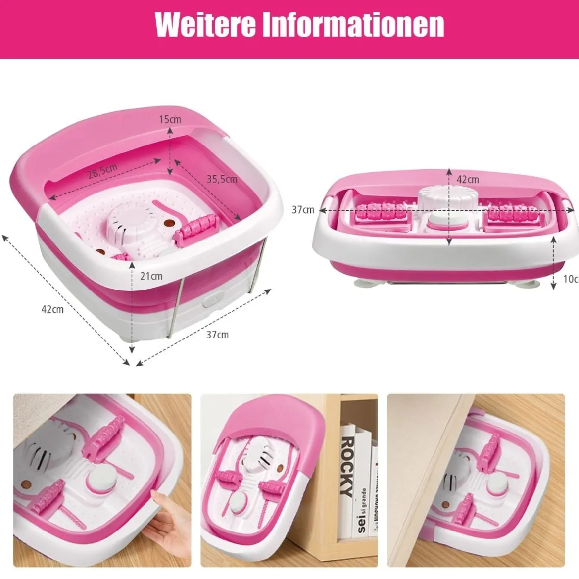 Fußbad Massagegerät faltbar Elektrische Fußbadewanne Heizung und Sprudelmassage Fußmassage Spa mit Massagerollen Rosa