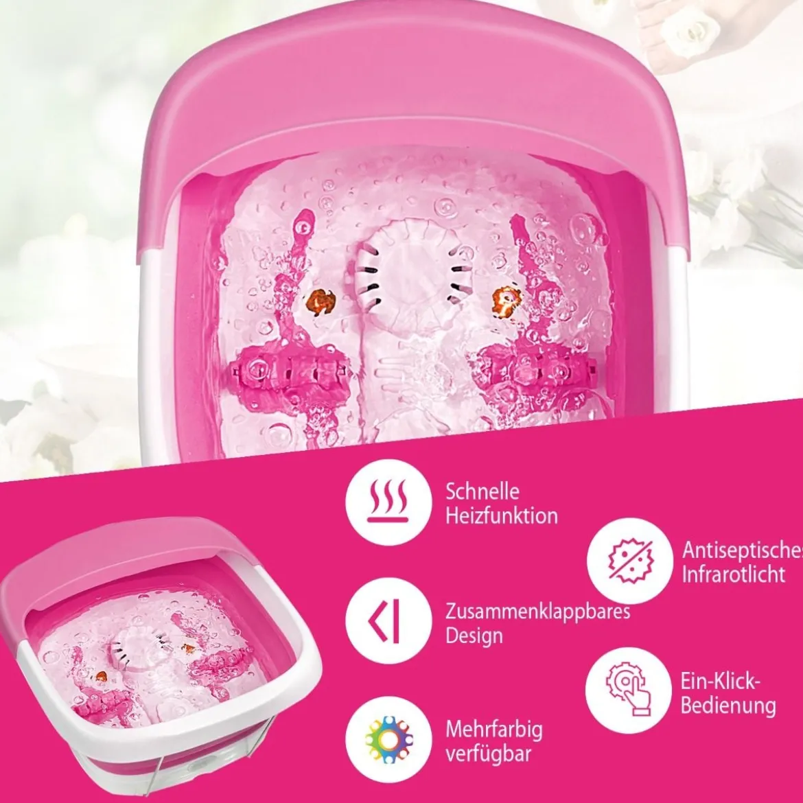 Fußbad Massagegerät faltbar Elektrische Fußbadewanne Heizung und Sprudelmassage Fußmassage Spa mit Massagerollen Rosa
