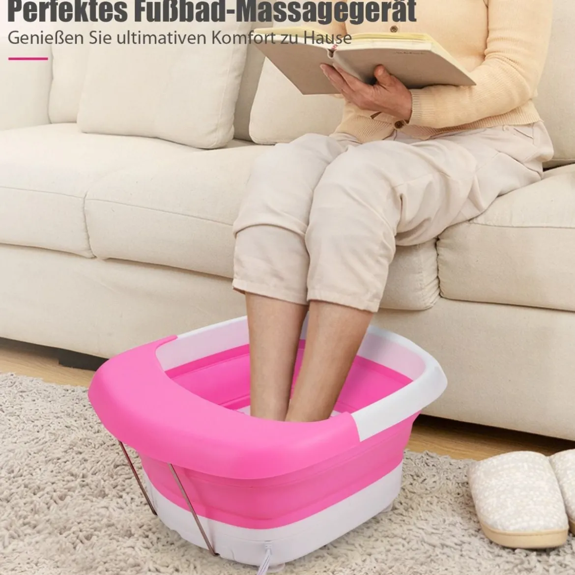 Fußbad Massagegerät faltbar Elektrische Fußbadewanne Heizung und Sprudelmassage Fußmassage Spa mit Massagerollen Rosa