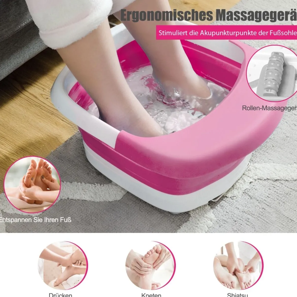 Fußbad Massagegerät faltbar Elektrische Fußbadewanne Heizung und Sprudelmassage Fußmassage Spa mit Massagerollen Rosa