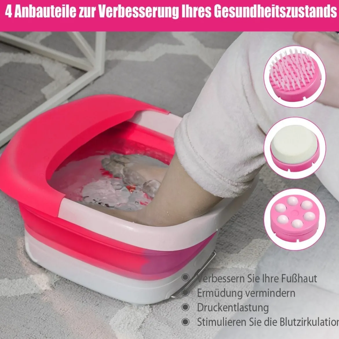 Fußbad Massagegerät faltbar Elektrische Fußbadewanne Heizung und Sprudelmassage Fußmassage Spa mit Massagerollen Rosa