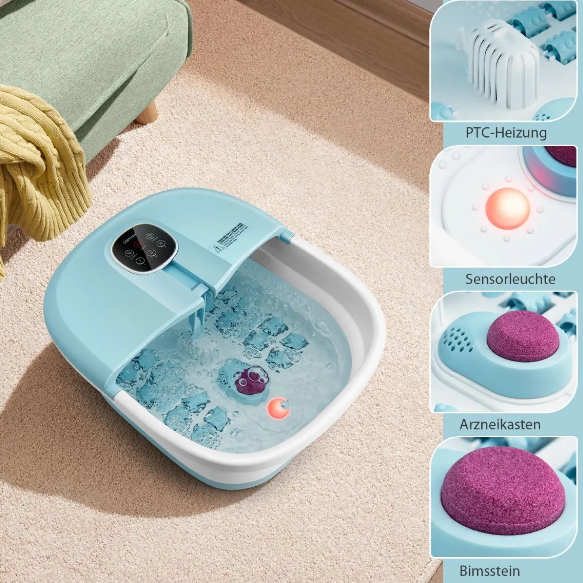 Fußbad Massagegerät Faltbar Elektrische Fußbadewanne Heizung 33,5 x 41 x 20,5 cm Blau